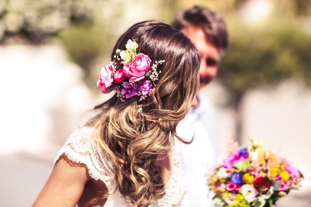 detail of brides floral headpiece